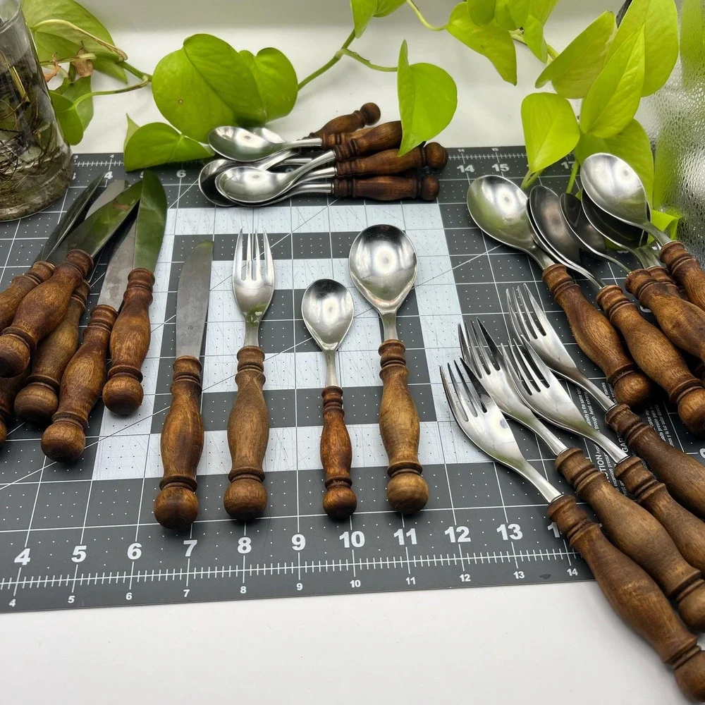 WMF Cromargan Burgund Flatware Set 29pc German Hand Turned Teak Handles MCM